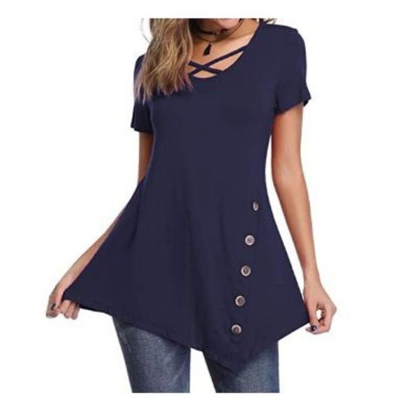 fuinloth Women's Criss Cross Tunics Blouse Tops - Picture 2 of 6
